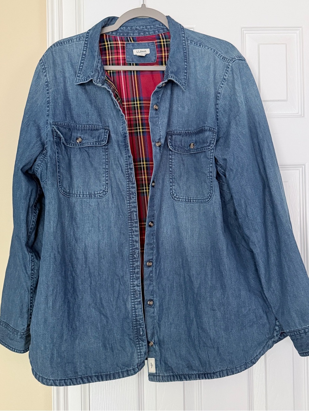 L.L. Bean Heritage Washed Denim Shirt Plaid Flannel Lined Tartan Button Down XL